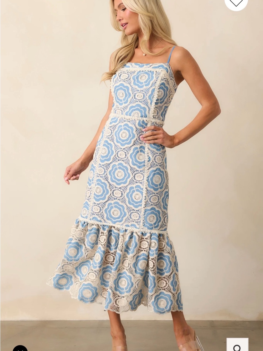 Red Dress Boutique Blue and Cream Lace Floral Midi Dress in Medium